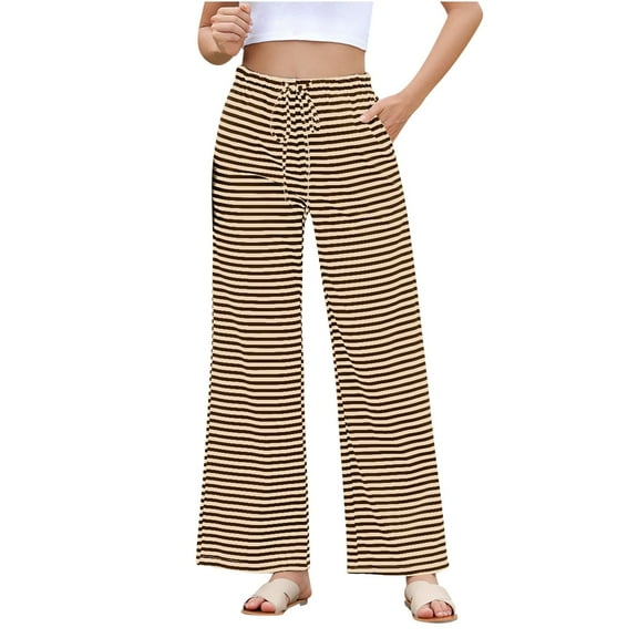 Lmnyox Wide Leg Striped Pants for Women Soft High Waist Casual Trousers Comfy Drawstring Lounge Pants with Pocket