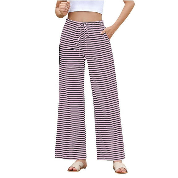Lmnyox Wide Leg Striped Pants for Women Soft High Waist Casual Trousers Comfy Drawstring Lounge Pants with Pocket
