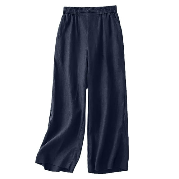 Lmnyox Wide Leg Trousers for Women Fashion Casual Cotton Linen Pants Fall Trendy Elastic Waist Lounge Pants with Pocket