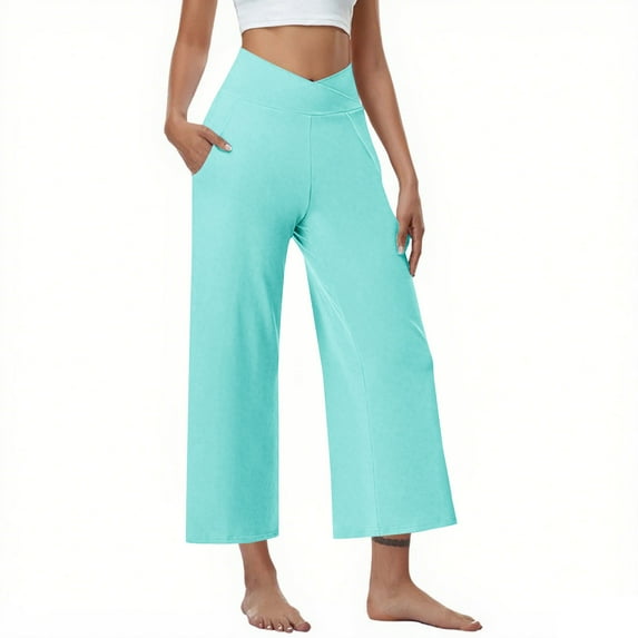 Lmnyox Wide Leg Yoga Pants for Women Loose Stretchy Elastic Waist Ankle Length Workout Sport Trousers with Pocket