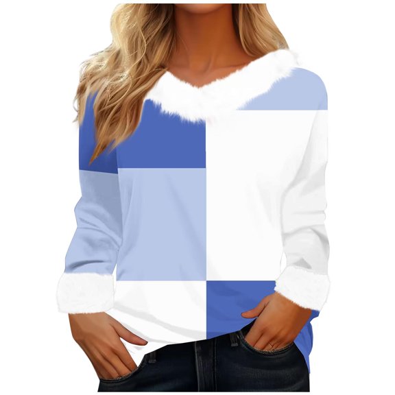 Lmnyox Winter Tops for Women Fuzzy Fleece V Neck Long Sleeve Fashion Shirts Casual Loose Tunic Blouses