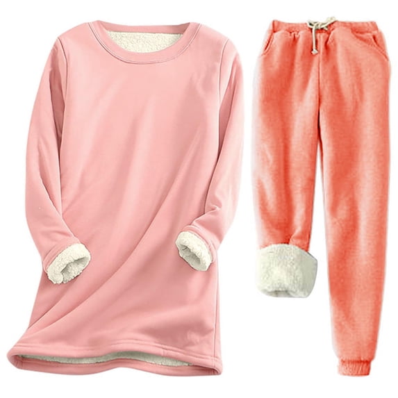Lmnyox Women's 2 Piece Outfits Winter Fleece Lined Set Warmth Long Sleeve Pullover and Sweatpants Thermal Loungewear