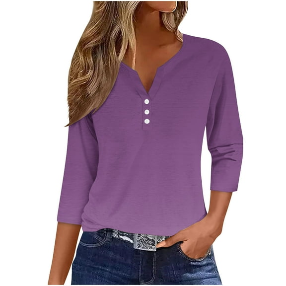 Lmnyox Women's 3/4 Sleeve Shirts Fashion Casual Button V Neck Tunic Tops Trendy Basic Loose Blouses Outfits