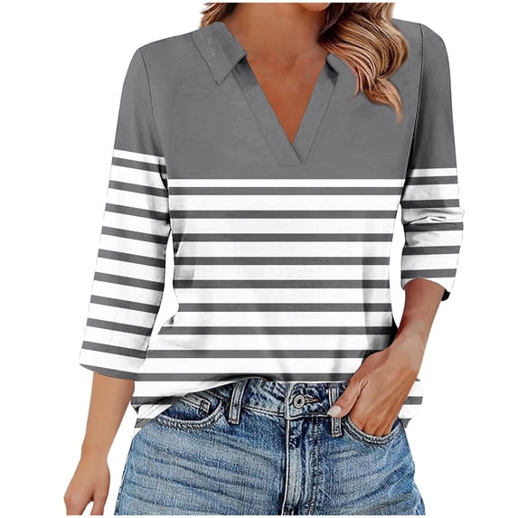 Lmnyox Women's 3/4 Sleeve Shirts V Neck Collared Dressy Fashion Blouse Tops Business Casual Print Golf Shirt