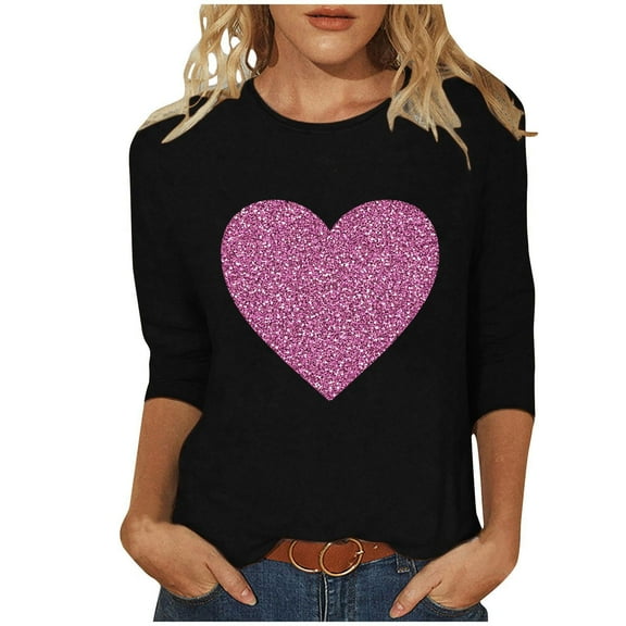 Lmnyox Women's 3/4 Sleeve T Shirt for Women Valentine's Day Heart Graphic Shirts Crew Neck Casual Tees Tops
