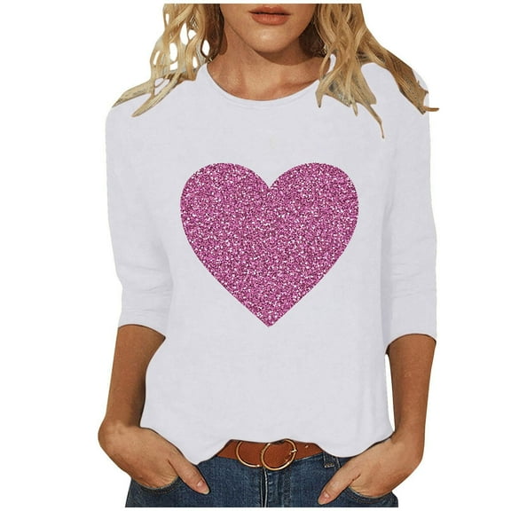 Lmnyox Women's 3/4 Sleeve T Shirt for Women Valentine's Day Heart Graphic Shirts Crew Neck Casual Tees Tops