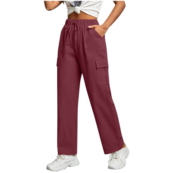 Lmnyox Women's Cargo Pants Cotton Linen Solid Color Elastic High Waist Pants Pull-on Lounge Trousers with Pockets