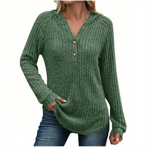 Lmnyox Women's Casual Hooded Shirts Fashion Ribbed Long Sleeve Blouses Solid Business Work Tunic Tops Clothes