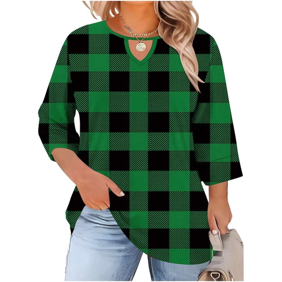 Lmnyox Women's Casual Shirts Plus Size 3/4 Sleeve Keyhole Neck Plaid T Shirts Spring Summer Fashion Loose Tops