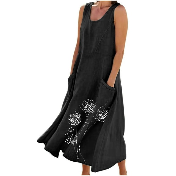 Lmnyox Women's Casual Sleeveless Maxi Dress Loose Crew Neck Long Dress Print Beach Sundress with Pocket