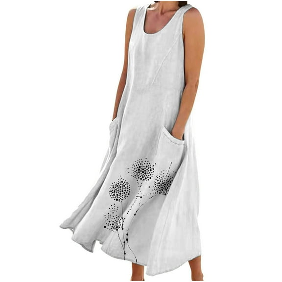 Lmnyox Women's Casual Sleeveless Maxi Dress Loose Crew Neck Long Dress Print Beach Sundress with Pocket