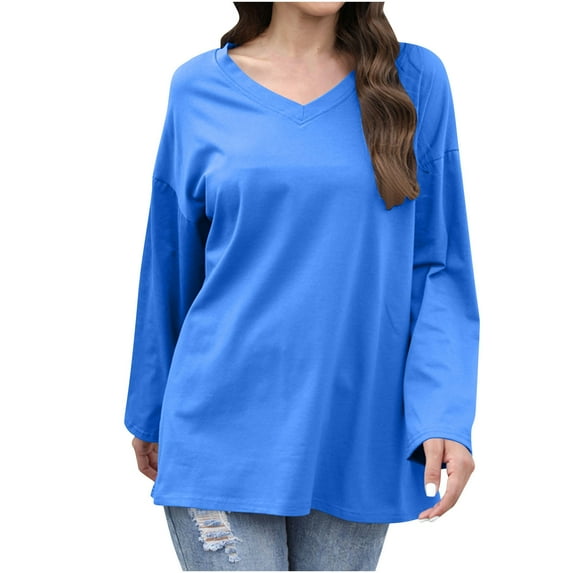 Lmnyox Women's Casual Solid Tops Casual Loose Long Sleeve V Neck Cotton Shirts Fashion Basic Pullover Tee