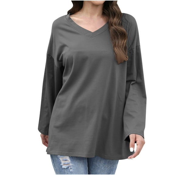 Lmnyox Women's Casual Solid Tops Casual Loose Long Sleeve V Neck Cotton Shirts Fashion Basic Pullover Tee