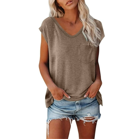 Lmnyox Women's Casual T Shirt Solid Color Short Sleeve V Neck Basic Tee with Pocket Loose Fashion Summer Tops