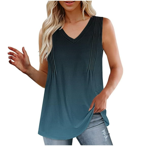Lmnyox Women's Casual V Neck Tank Tops Flowy Sleeveless Tunic Shirts Pleated Front Gradient Summer Tops Outfits