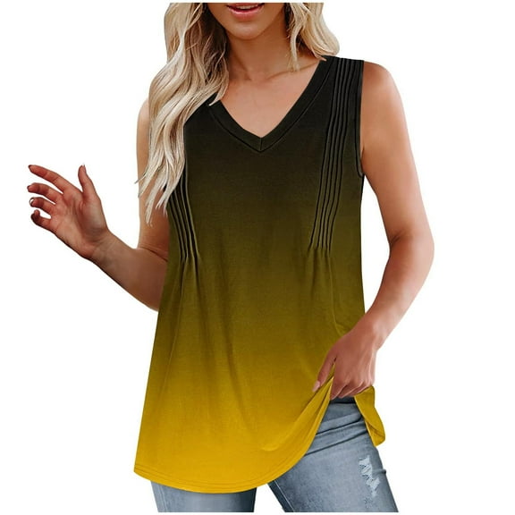 Lmnyox Women's Casual V Neck Tank Tops Flowy Sleeveless Tunic Shirts Pleated Front Gradient Summer Tops Outfits
