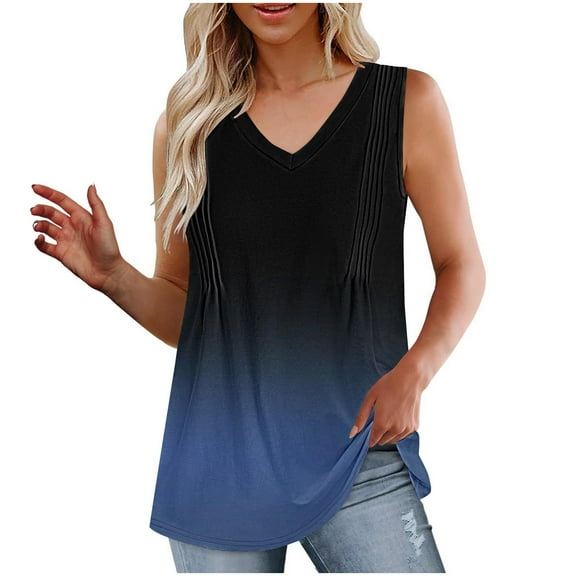 Lmnyox Women's Casual V Neck Tank Tops Flowy Sleeveless Tunic Shirts Pleated Front Gradient Summer Tops Outfits