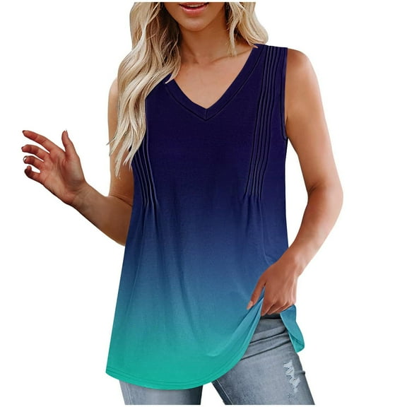 Lmnyox Women's Casual V Neck Tank Tops Flowy Sleeveless Tunic Shirts Pleated Front Gradient Summer Tops Outfits