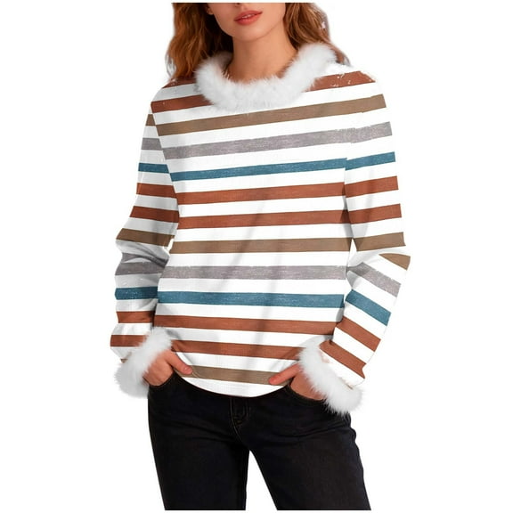 Lmnyox Women's Christmas Shirts Fuzzy Crew Neck Long Sleeve Print Tops Fall Winter Casual Ribbed Pullover