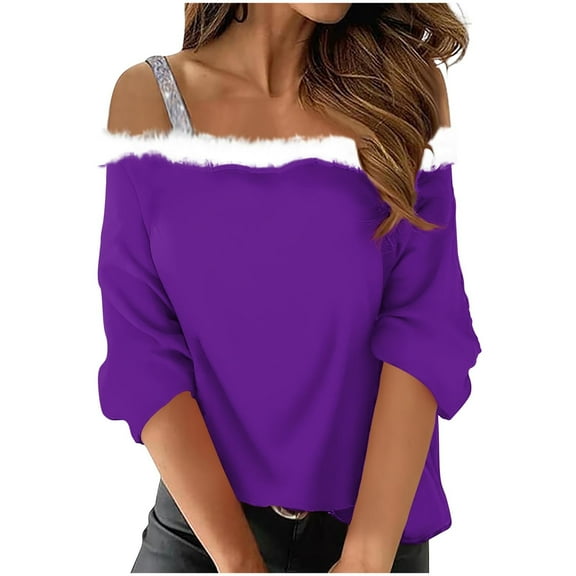 Lmnyox Women's Christmas Tops Off Shoulder Strap Long Sleeve Shirts Solid Fashion Casual T Shirt Outfits