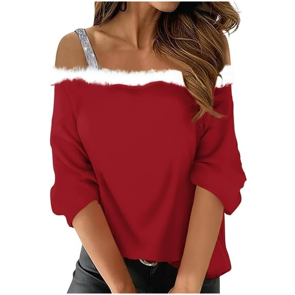 Lmnyox Women's Christmas Tops Off Shoulder Strap Long Sleeve Shirts Solid Fashion Casual T Shirt Outfits