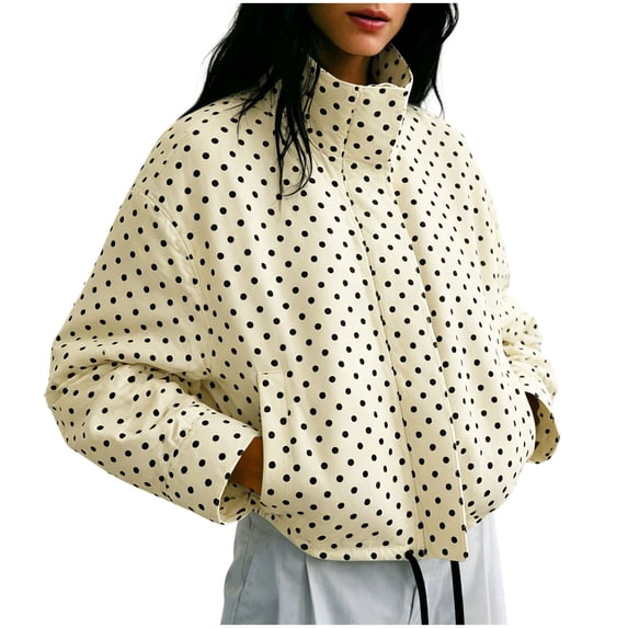 Lmnyox Women's Coats Loose Polka Dots Zip Up Stand Collar Jackets Fall Winter Outerwears with Pockets