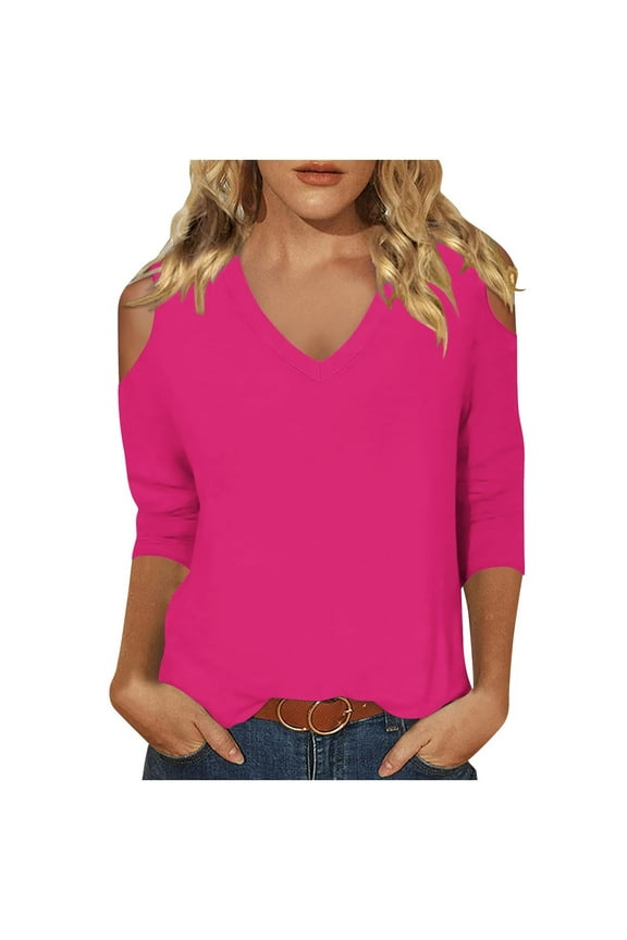 Women's Cold Shoulder Tunic Tops 3/4 Sleeve V Neck Blouses Summer Casual Solid Color Basic Tops