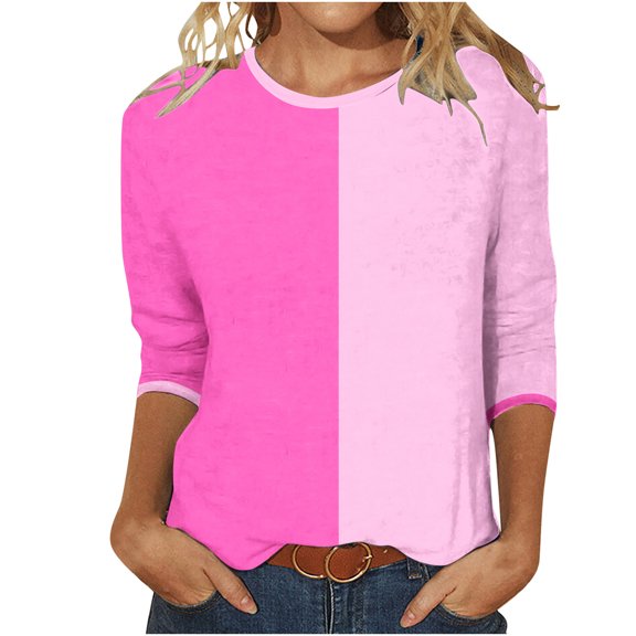 Lmnyox Women's Color Block Shirts Summer Casual 3/4 Sleeve Crew Neck Blouses Lightweight Fashion Tops