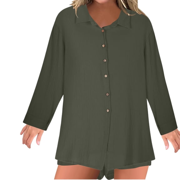 Lmnyox Women's Cotton 2 Piece Outfits Casual Long Sleeve Button Down Shirts and Short Pants Lounge Sets
