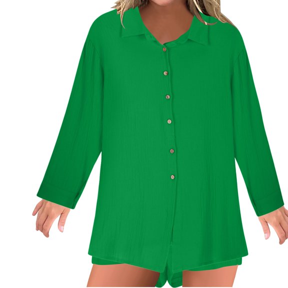 Lmnyox Women's Cotton 2 Piece Outfits Casual Long Sleeve Button Down Shirts and Short Pants Lounge Sets