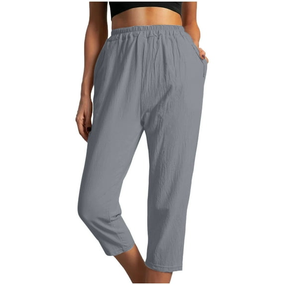 Lmnyox Women's Cotton Linen Capris Elastic High Waist Crop Pants with Pocket Summer Casual Lightweight Trousers