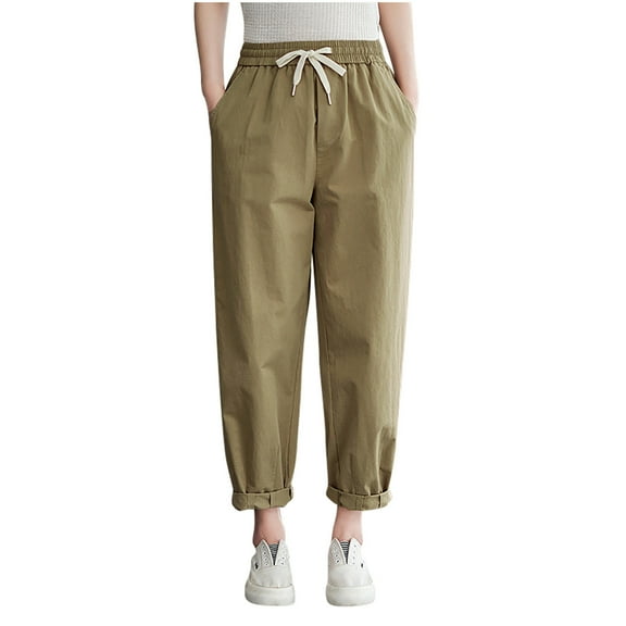 Lmnyox Women's Cotton Linen Pants Straight Leg Drawstring Trousers with Pocket Summer Trendy Lounge Pants