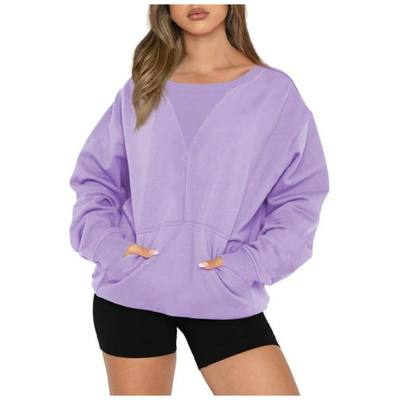 Lmnyox Women's Crew Neck Pullover with Pocket Soft Casual Long Sleeve Sweatshirts Fall Loose Basic Clothes