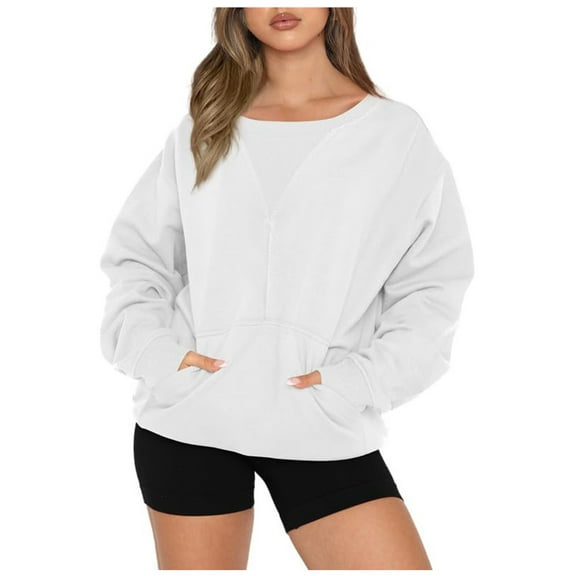 Lmnyox Women's Crew Neck Pullover with Pocket Soft Casual Long Sleeve Sweatshirts Fall Loose Basic Clothes