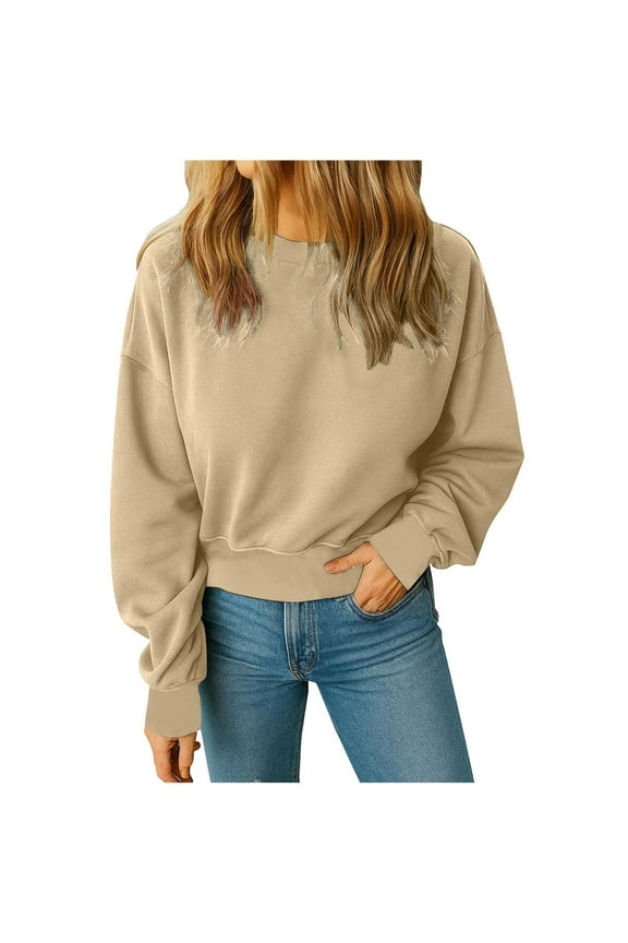 Women's Crew Neck Sweatshirts Casual Fashion Long Sleeve Crop Pullover Shirts Basic Solid Tops