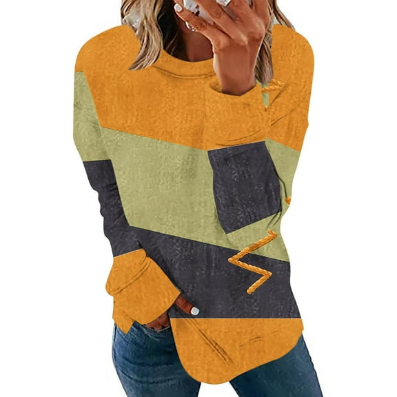 Lmnyox Women's Crew Neck Sweatshirts Fall Fashion Color Block Pullover Casual Long Sleeve Side Slit Tunic Tops for Women