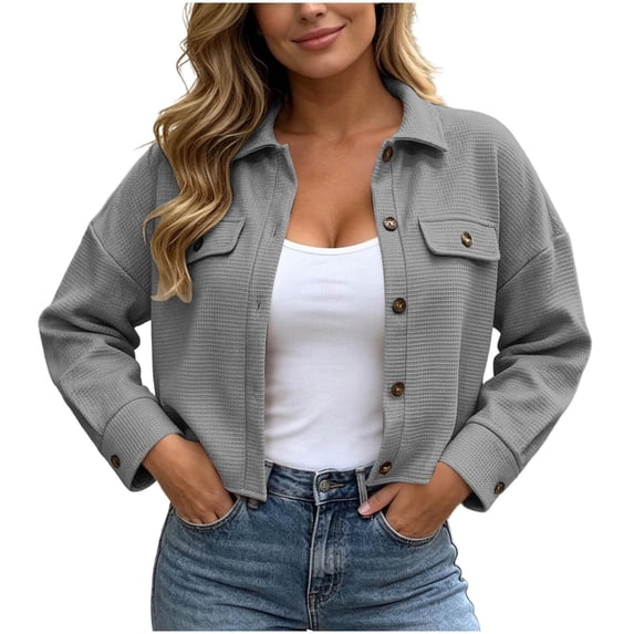 Lmnyox Women's Crop Jackets Textured Button Down Collared Coats Loose Solid Color Jackets with Pockets