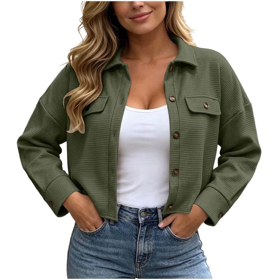 Lmnyox Women's Crop Jackets Textured Button Down Collared Coats Loose Solid Color Jackets with Pockets