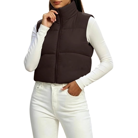 Lmnyox Women's Crop Puffer Vests Zip Up Stand Collar Quilted Sleeveless Coats Trendy Plain Warm Vests