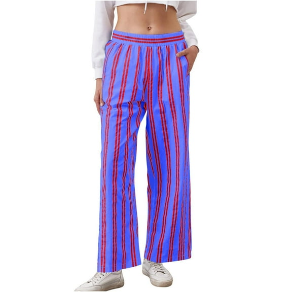 Lmnyox Women's Fall Casual Trousers Wide Leg Striped Lounge Pants Loose High Waist Pocket Pants for Women