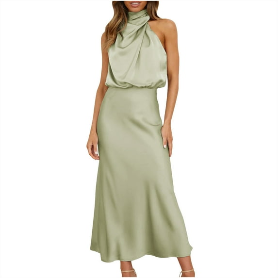 Lmnyox Women's Fashion Formal Dress Sleeveless Mock Neck Maxi Dress Flowy Cocktail Party Long Dress