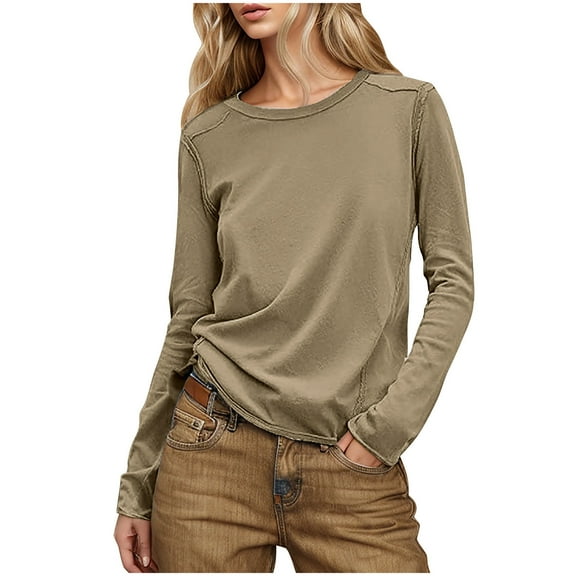 Lmnyox Women's Fashion Long Sleeve Tops Casual Solid Color Crew Neck Pullover Shirt Fall Trendy Basic Tees