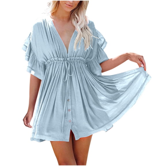 Lmnyox Women's Fashion Mini Dress Short Sleeve V Neck Flowy Smocked Dress Summer Casual Sundress