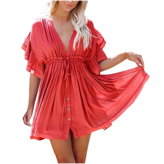 Lmnyox Women's Fashion Mini Dress Short Sleeve V Neck Flowy Smocked Dress Summer Casual Sundress