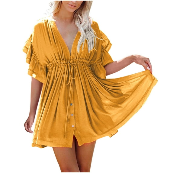 Lmnyox Women's Fashion Mini Dress Short Sleeve V Neck Flowy Smocked Dress Summer Casual Sundress