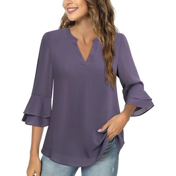 Lmnyox Women's Flare 3/4 Sleeve Tops Dressy Casual V Neck Tunic Tops Summer Fashion Business Blouses