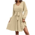 thumbnail image 1 of Lmnyox Women's Flare Mini Dress Long Sleeve V Neck Short Dress Flowy Pleated Summer Casual Dress, 1 of 7