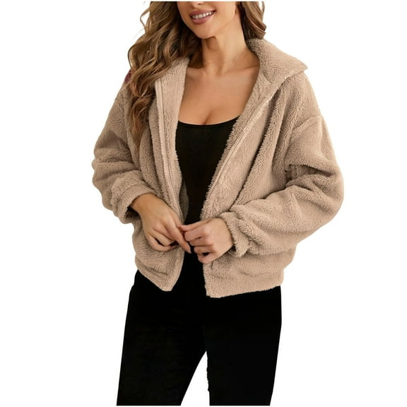 Lmnyox Women's Fleece Coat Zip Up Collared Long Sleeve Solid Jacket Outerwear Fashion Loose Cropped Jacket