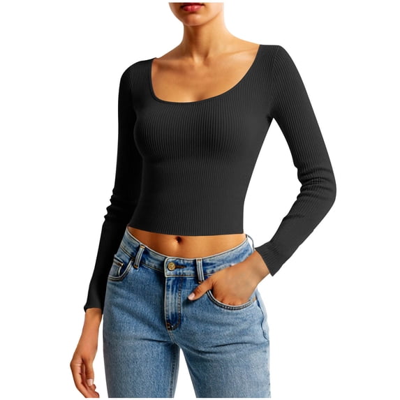 Lmnyox Women's Knitted Crop Tops Long Sleeve Scoop Neck Solid Sweaters Fashion Slim Ribbed Sweater Shirts