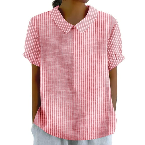 Lmnyox Women's Linen Shirt Summer Casual Striped Short Sleeve Tops Cotton Linen Collared Beach Blouse Clothes